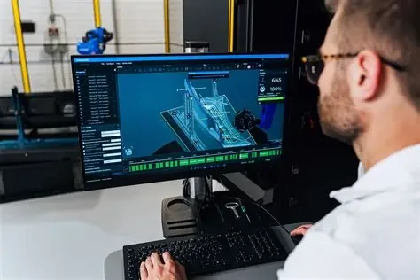 Engineer reviewing 3D scan data and a digital model during a reverse engineering workflow