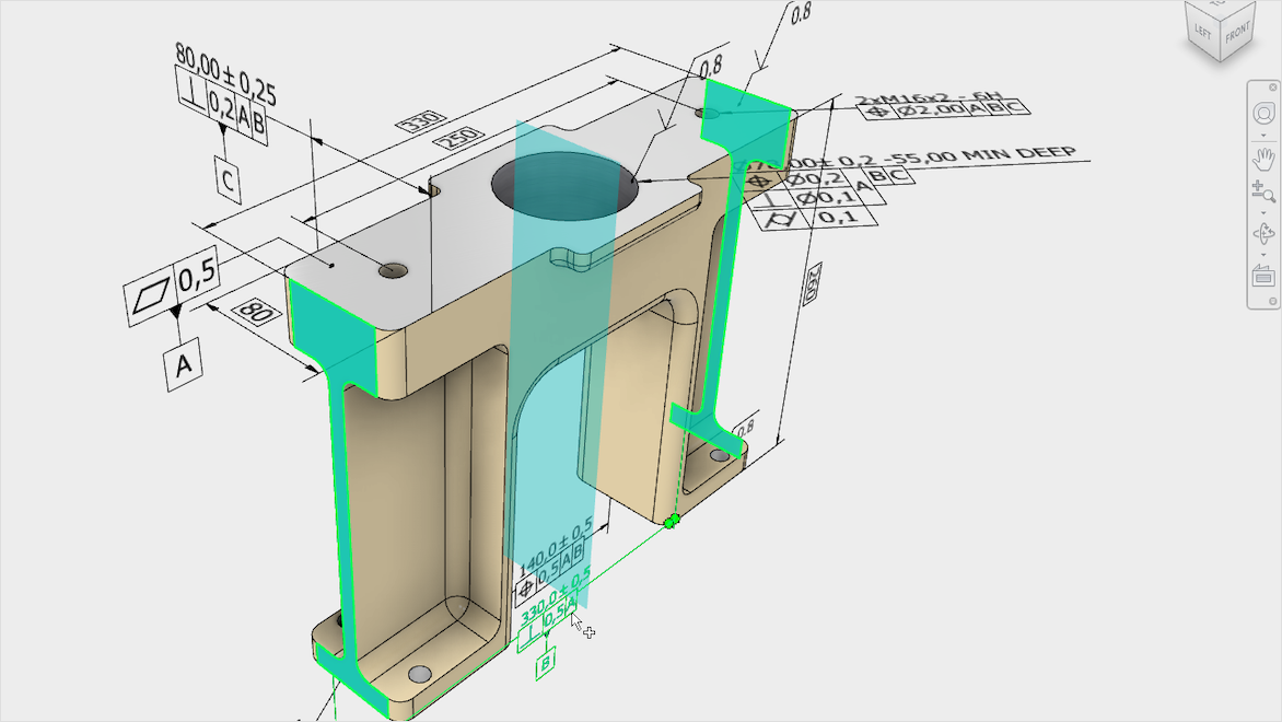 Model-based definition drawing with GD&T annotations and dimensional inspection overlay